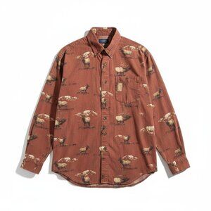 River Lodge Moose Print Corduroy Shirt Men’s L Rust Red 100% Cotton Button-Up